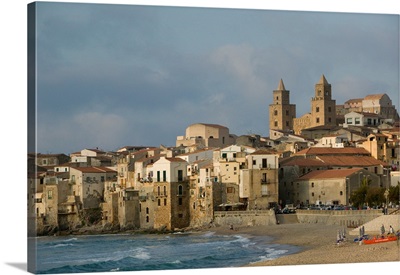 Italy, Sicily, Cefalu, View with Duomo from Beach