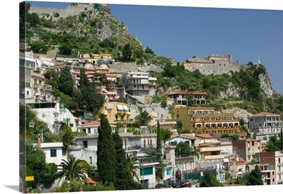 Italy, Sicily, Taormina: Houses on Hillside