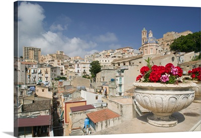 Italy, Sicily, Termini Imerese, Town View from Flowered Balcony