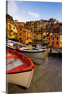 Italy, Tuscany, Cinque Terre. Fishing boats at rest in Manarola in Cinque Terre