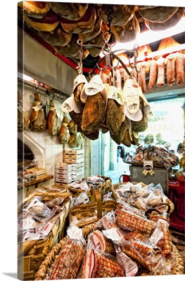 Italy, Tuscany, Greve. Salumi market in Greve's main square
