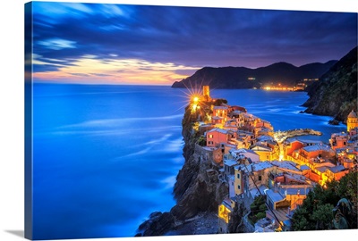 Italy, Vernazza, Overview Of Coastal Town At Sunset