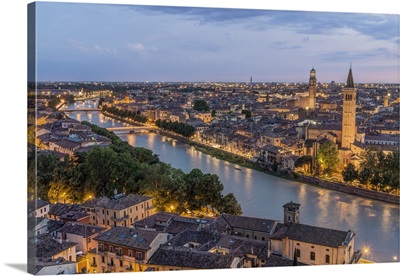 Italy, Verona, Looking Down From Castello San Pietro At Twilight