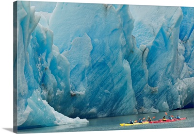Kayaker's Exploring Grey Lake In Front Of Massive Grey Glacier, Chile