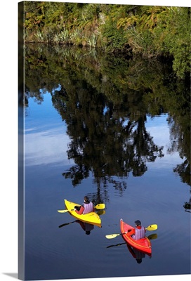 Kayaks, Moeraki River by Lake Moeraki, West Coast, South Island, New Zealand