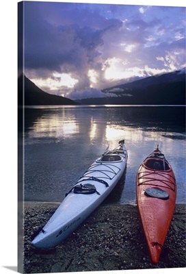 Kayaks on Rainbow Falls Beach, Azure Lake, Wells Gray Provincial Park, British Columbia
