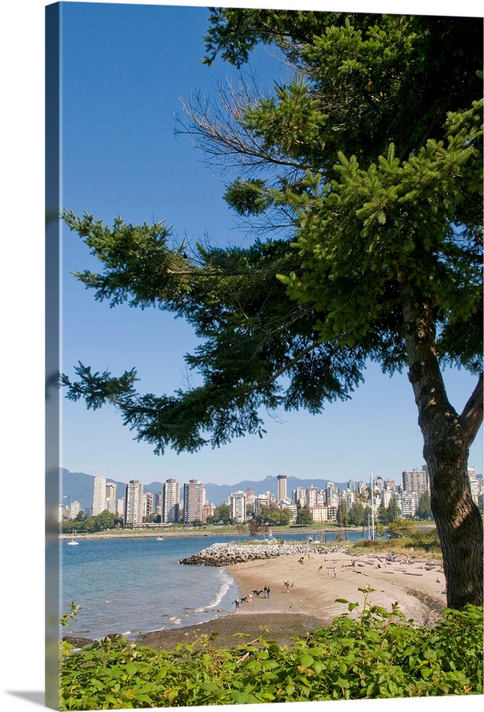 Kitsilano Beach park overlooking English Bay and the skyline of downtown Vancouver, BC, Canada.