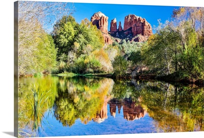 Landscape Of Rock And Trees Reflecting In The Water, Red Rock Crossing, Sedona, Arizona