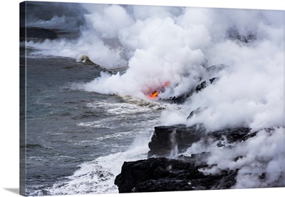 Lava flow in ocean at dawn, Hawaii Volcanoes National Park, The Big Island, Hawaii