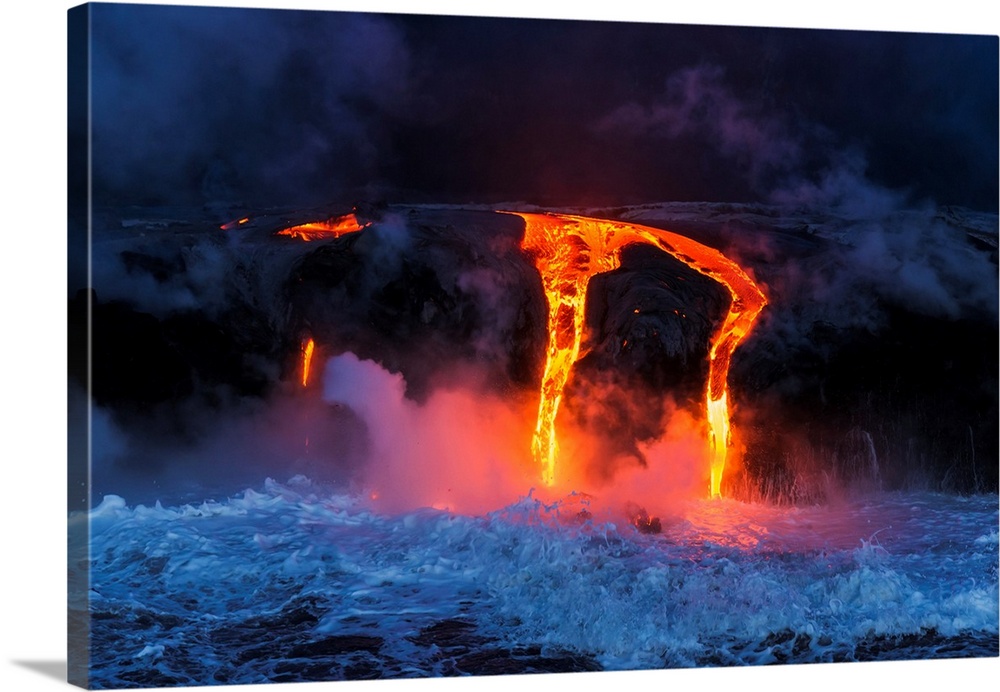 Lava flow entering the ocean at dawn, Hawaii Volcanoes National Park, The Big Island, Hawaii USA