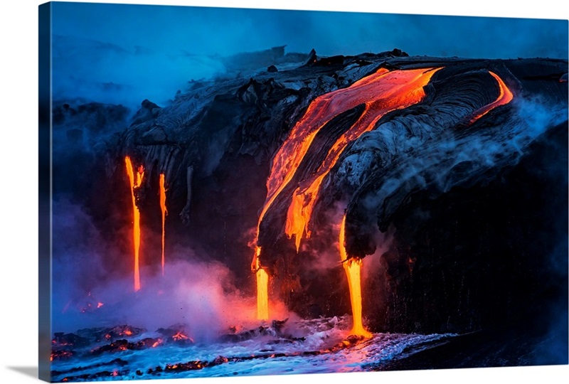 Lava flow in ocean at dawn, Hawaii Volcanoes National Park, The Big ...