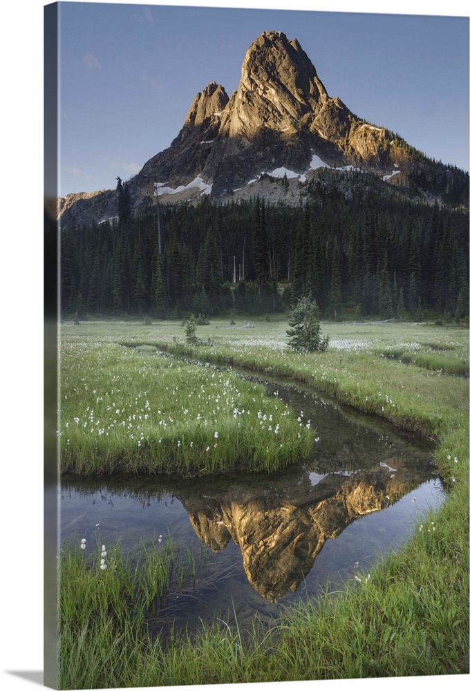 Liberty Bell Mountain reflected in waters of State Creek, Washington State Pass meadows, North Cascades, Washington State