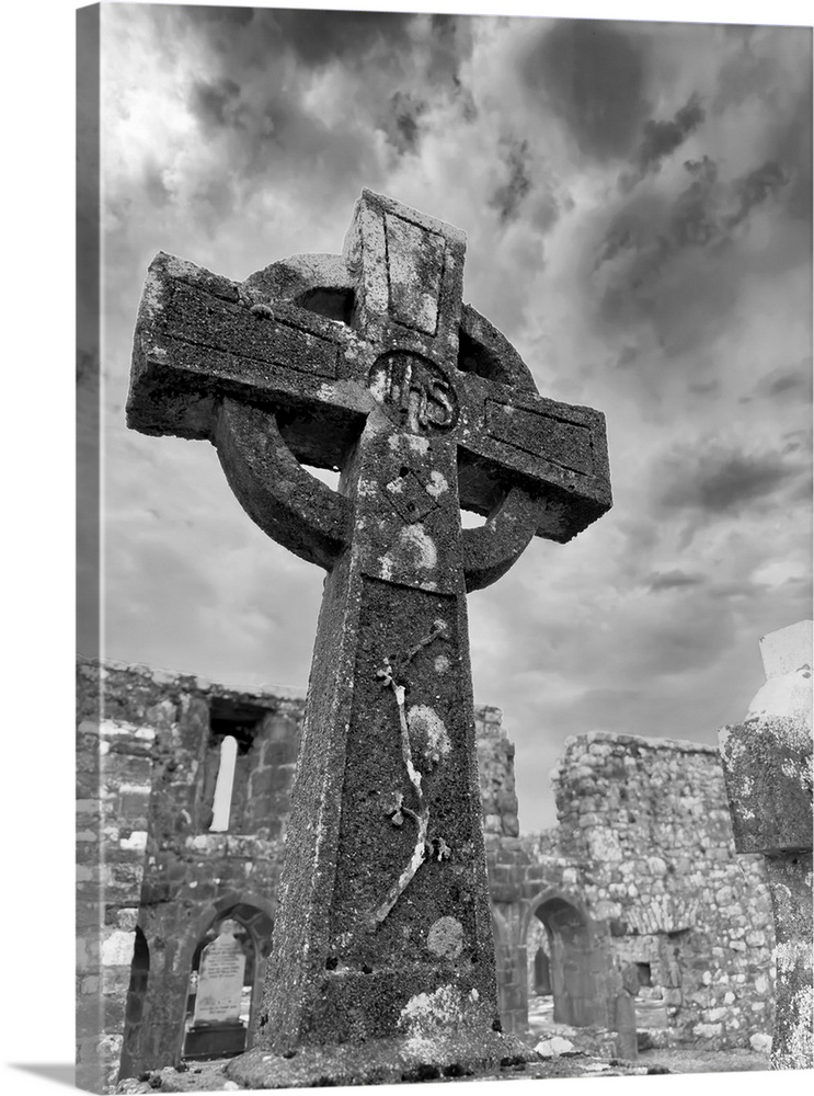 Lichen covers ancient Celtic cross at Burrishoole Abbey.