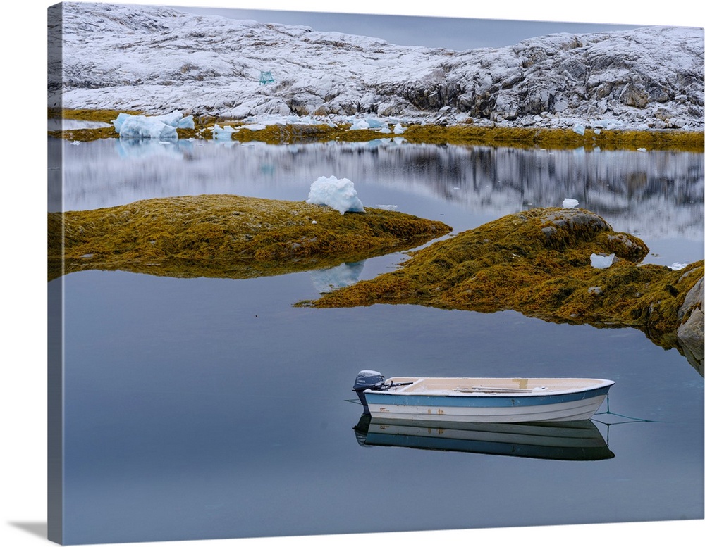 Little Inuit village Tinit (Tiilerilaaq) at the shore of the Sermilik (Sermiligaaq) Icefjord in East Greenland, Ammassalik...
