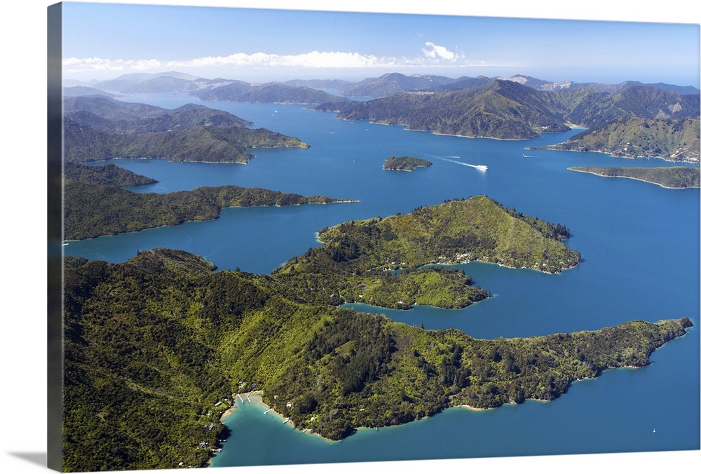Lochmara Bay (bottom), Double Bay (right), Torea Bay (left) and Queen Charlotte Sound, Marlborough Sounds, South Island, N...