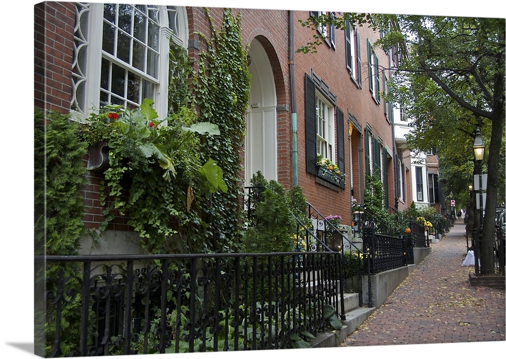 USA, Massachusetts, Boston. Brick sidewalk and homes on a steep street in Boston's historic Beacon Hill neighborhood