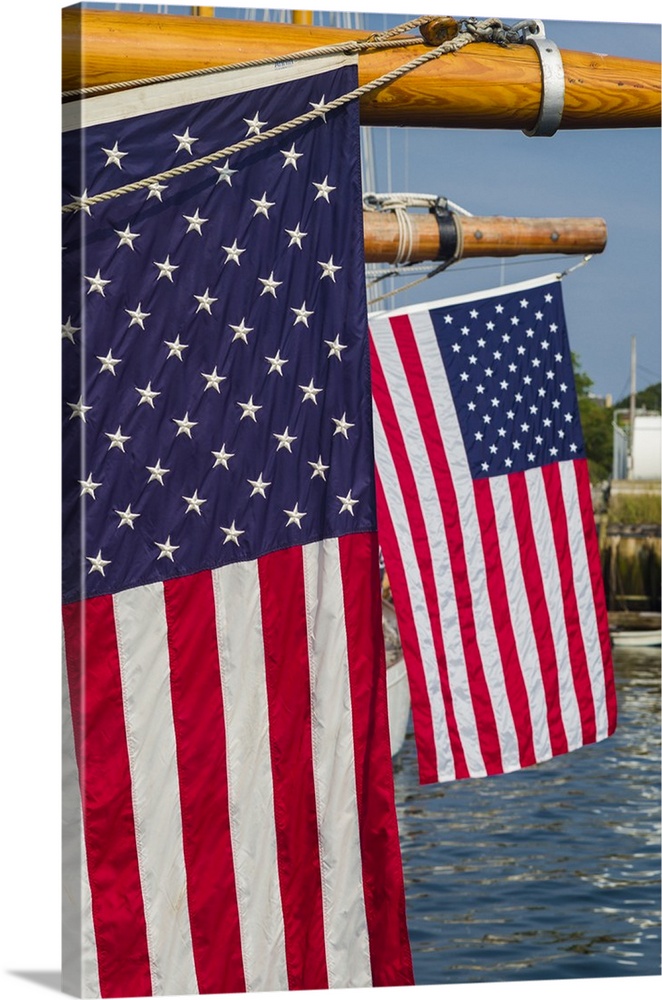 USA, Massachusetts, Cape Ann, Gloucester, America's Oldest Seaport, Annual Schooner Festival, US flag