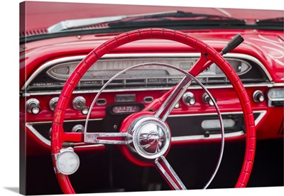 Massachusetts, Gloucester, Antique Car Show, red classic car interior