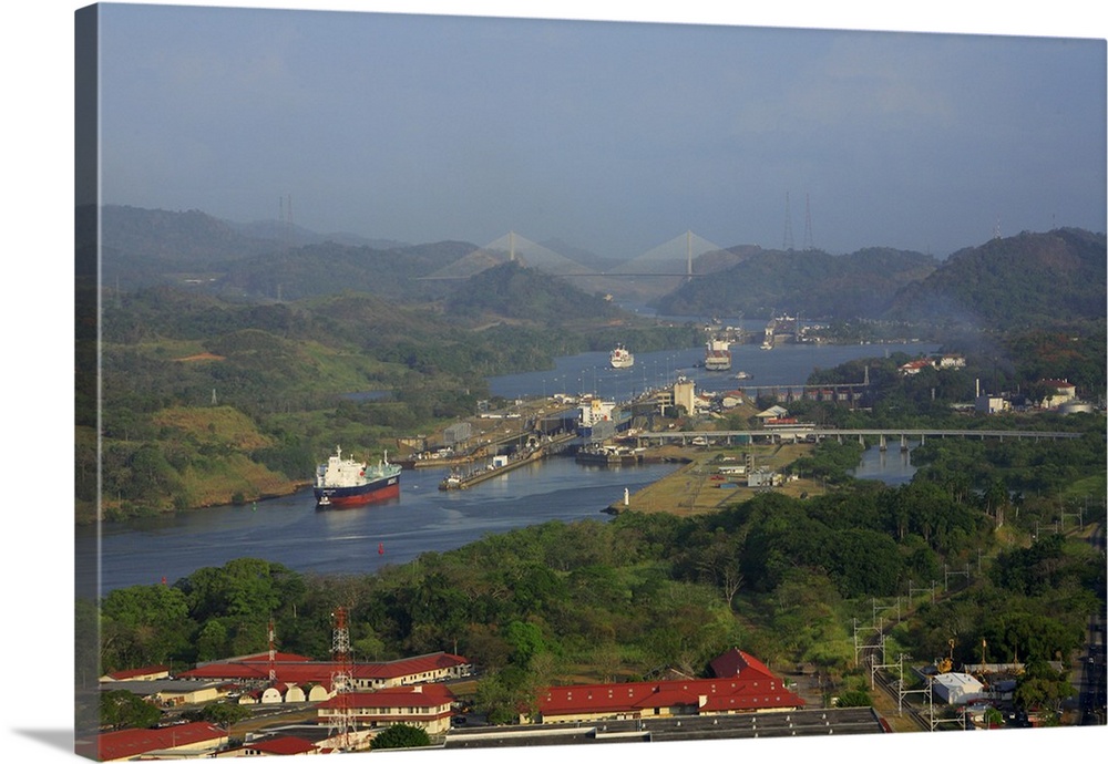 Aerial image of Mira Flores and Pedro Miguel locks of the Panama Canal, close to Panama City, Panama.