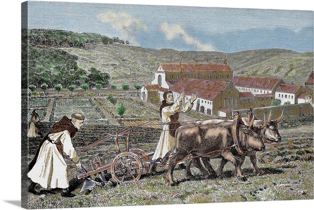 Monks plowing the land with oxen. Germany. 1872. Colored engraving.