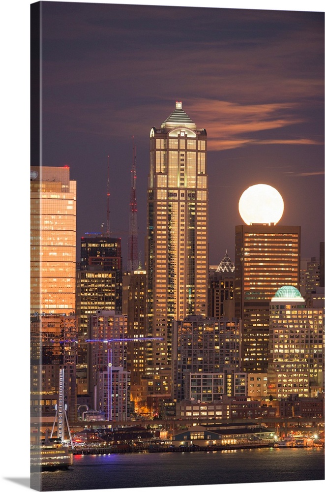 Moonrise behind the downtown Seattle skyline, Seattle, WA
