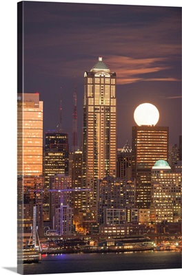 Moonrise Behind The Downtown Seattle Skyline, Seattle, WA