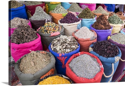 Morocco, Marrakech, Bags of herbs, spices and dried floral and vegetable items
