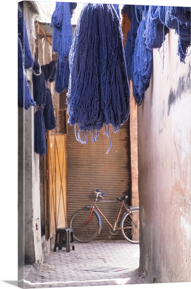 Morocco, Marrakech. Jemaa El Fnaa. Dyed yarn hanging to dry.