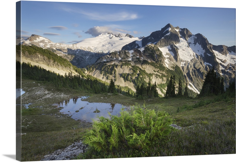 Mount Challenger and Whatcom Peak seen from Tapto Lakes Basin on Red face Peak, North Cascades National Park