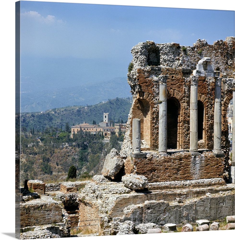 Italy, Sicily, Taormina. Smoke from erupting Mt. Etna is visible from the Greek Theater in Taormina, Sicily, Italy.