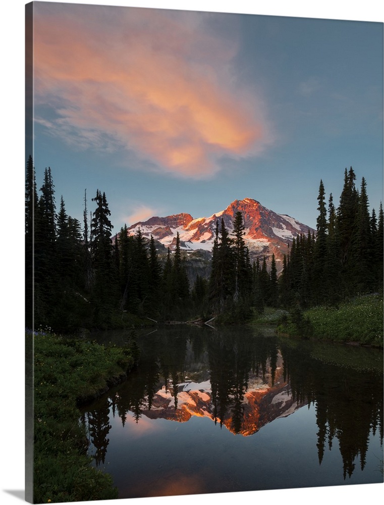 USA, Washington State. Mt. Rainier reflected in Mirror pond at sunset, at Indian Henry's Hunting Ground, Mt. Rainier Natio...