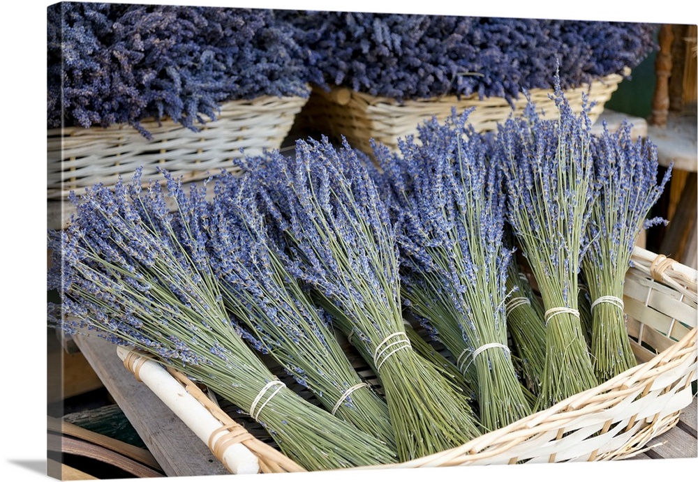 Munich, Germany. Farmers market. Basket of dried lavender.