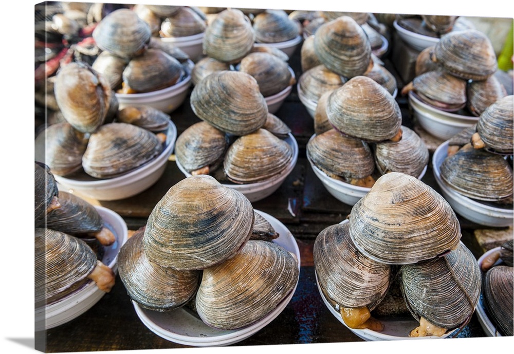 Mussels for sale at the fish market in Busan, South Korea.