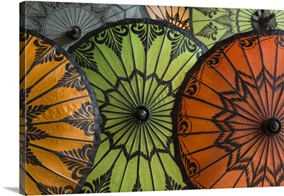 Myanmar, Bagan, Handmade and painted parasols on display in a shop