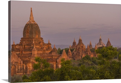 Myanmar, Bagan, Temples of Bagan in the purple pre-dawn light