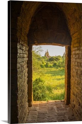 Myanmar, Bagan, View of some pagodas from inside a temple
