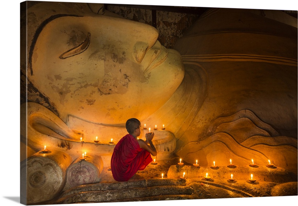 Myanmar, Bagan. Young monk at Shinbinthalyaung Temple Reclining Buddha.