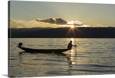 Myanmar, Inle Lake, Fisherman at sunset