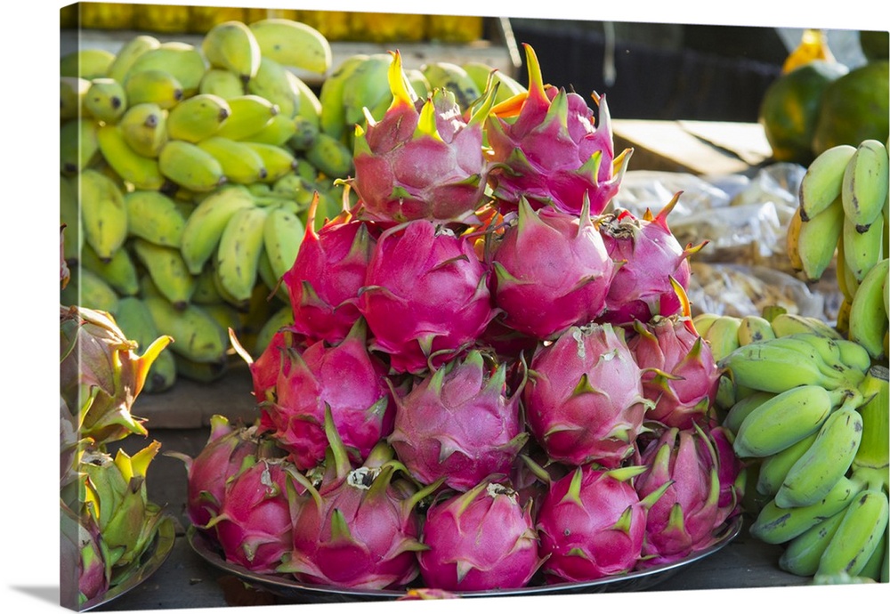 Myanmar. Mt Popa. Dragon fruit for sale in a market.