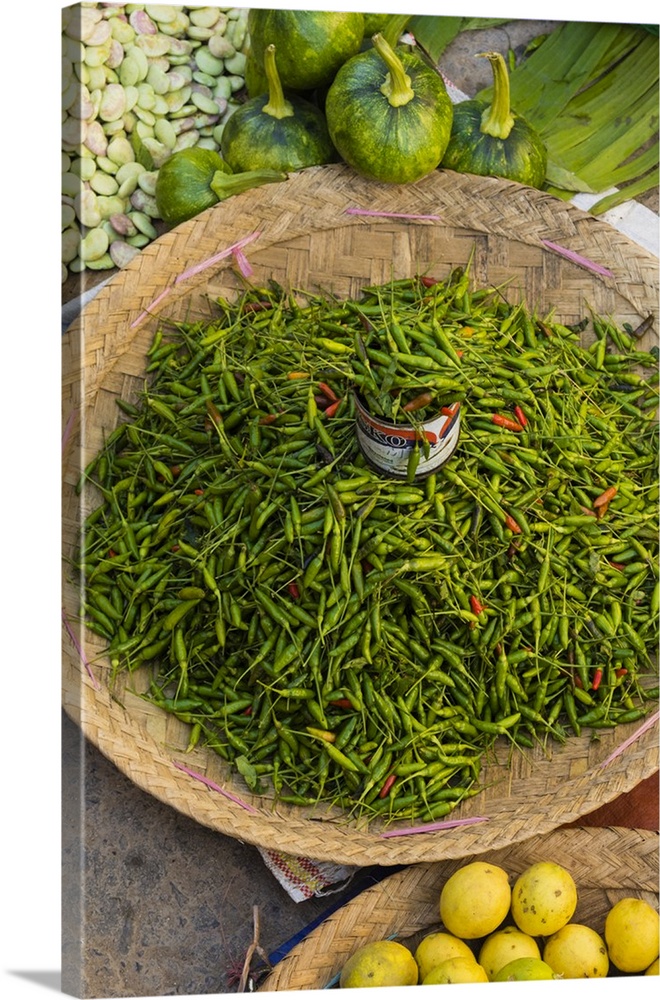 Myanmar. Shan State. Aung Pan market. Green chilies for sale.