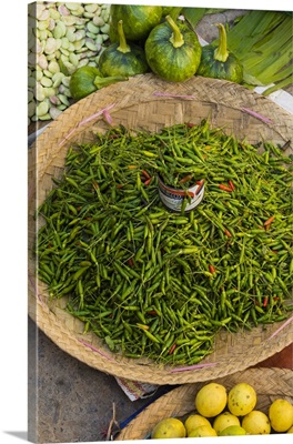 Myanmar, Shan State, Aung Pan market, Green chilies for sale