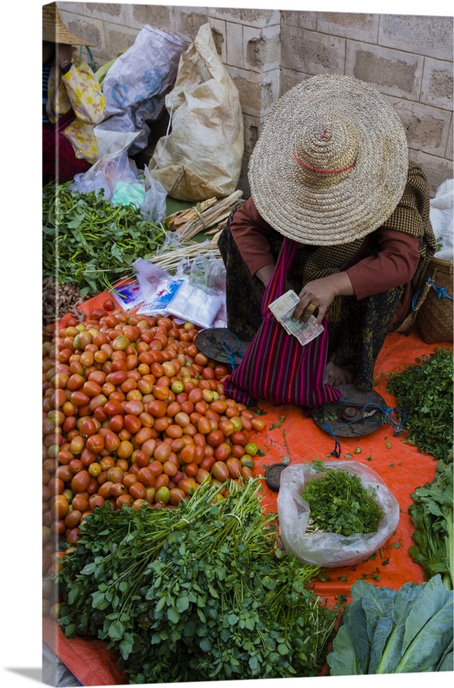 Myanmar. Shan State. Aung Pan market. Woman selling tomatoes and greens.