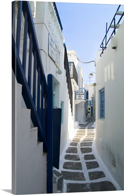 Narrow Walkways Between The White Buildings, Island Of Mykonos, Greece