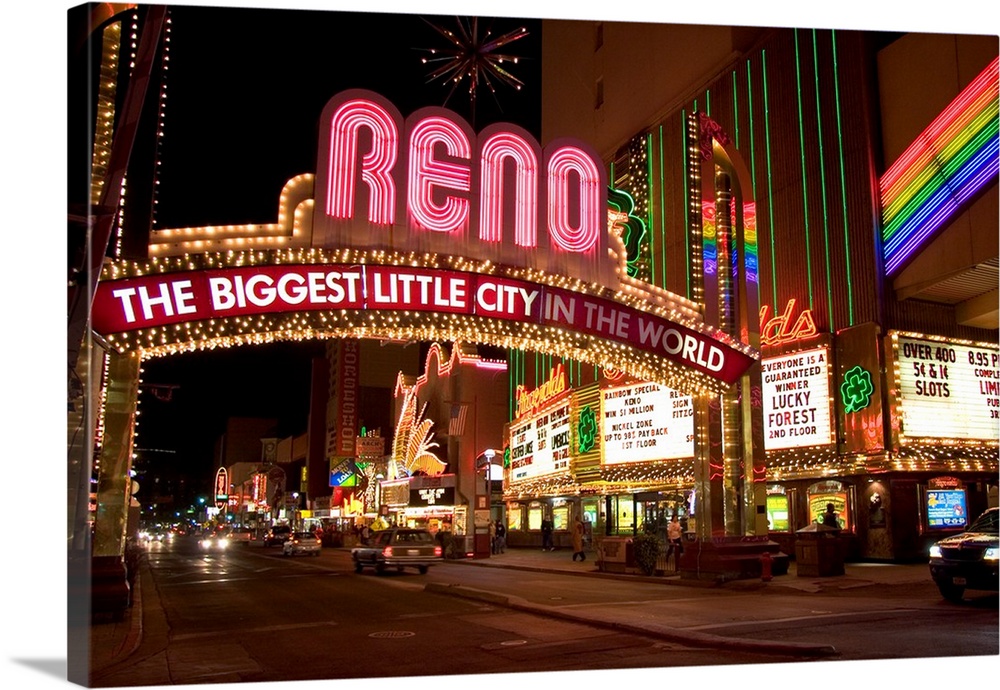 Nevada, Reno. Neon lights and casinos along Virginia Street.