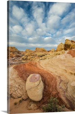 Nevada, Valley of Fire State Park. Early morning clouds and colorful rock formations