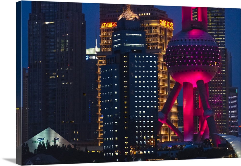 Night view of Pudong skyline dominated by Oriental Pearl TV Tower, Shanghai, China