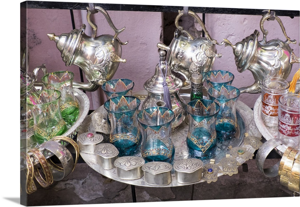 North Africa, Morocco, Marrakech. Traditional mint tea glasses and metal moroccan tea pots.