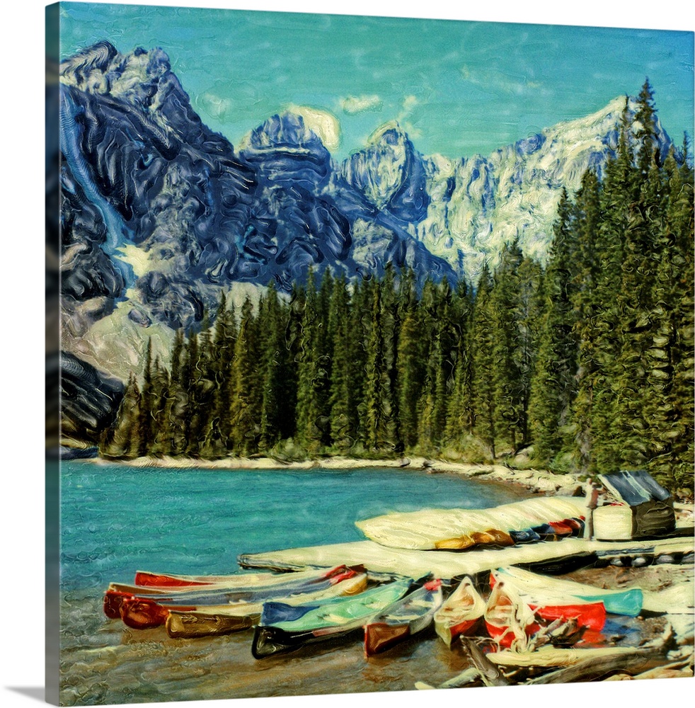North America, Canada, Banff National Park, Moraine Lake. Canoes along Moraine Lake.  Polaroid SX70 Manipulation