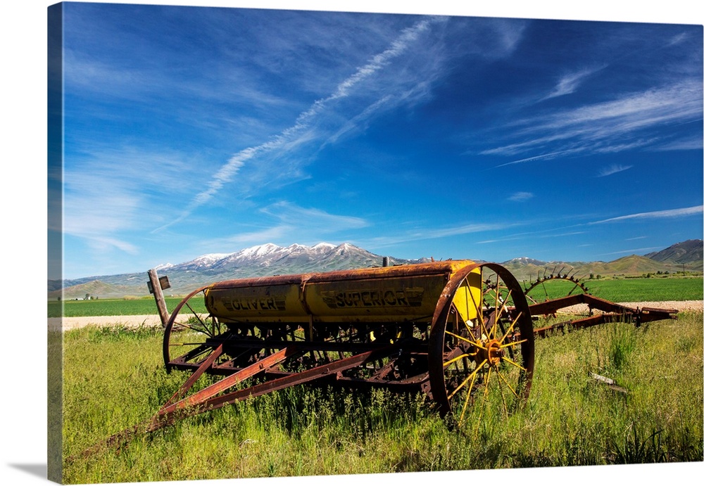 North America, USA, Idaho, Fairfield, Horse Drawn Hay Rake in Field