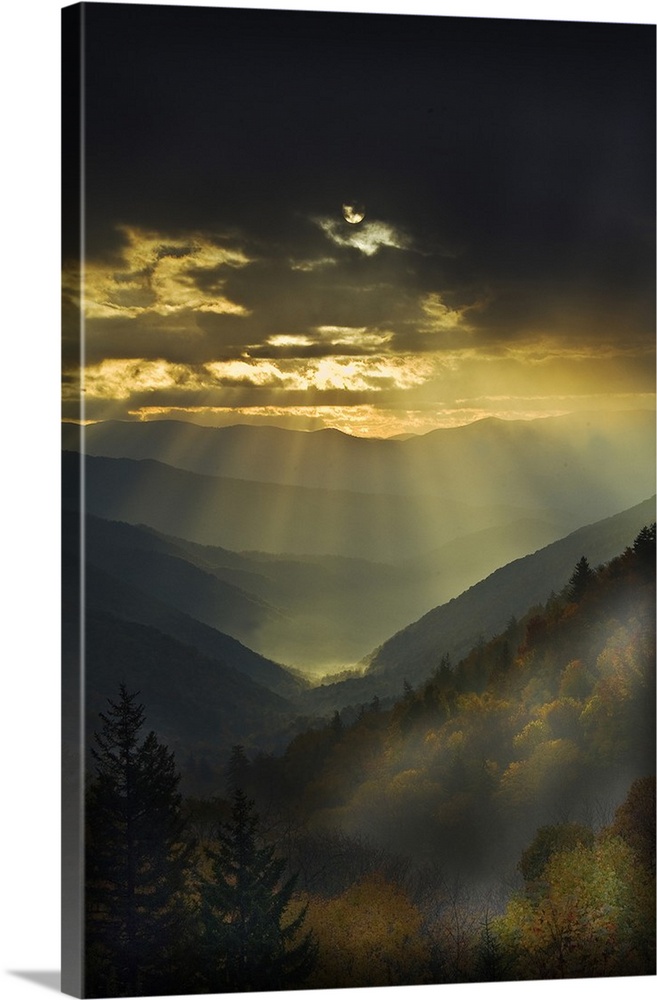 USA, North Carolina, Great Smoky Mountains. Sunrise light beams flood mountains and forest in fall colors.